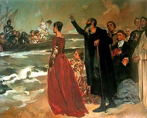 Partida das naus na praia do Restelo em Portugal e discurso da personagem da epopeia "Os Lusíadas" do poeta Camões